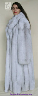 Light blue fox fur coat with full sleeves and high collar, side profile view
