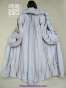 Light blue fox fur coat with high collar, back view showing flared hem