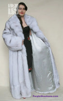 Light blue fur coat with open front showing sheer lining, long sleeves side view