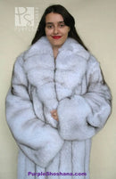 Light blue fox fur coat with high collar, front view with relaxed fit