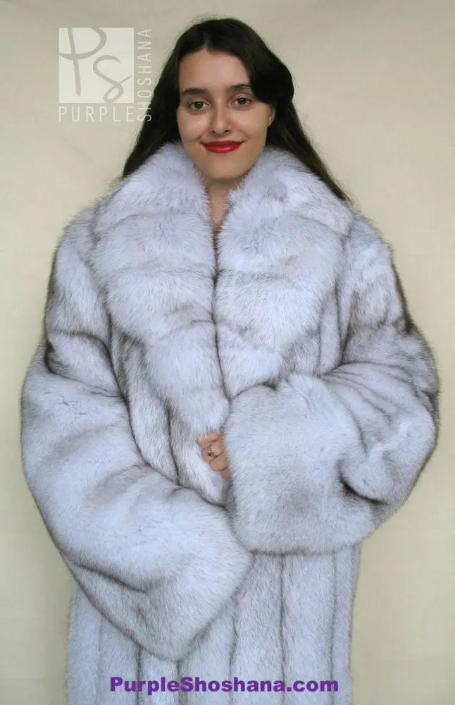 Light blue fox fur coat with high collar, front view with relaxed fit