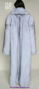 Light blue fox fur coat with high collar and full-length back view
