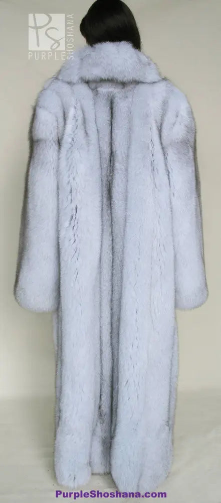 Light blue fox fur coat with high collar and full-length back view