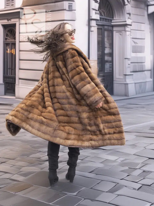 Beige pastel mink coat with shawl collar, horizontal stripes, long sleeves