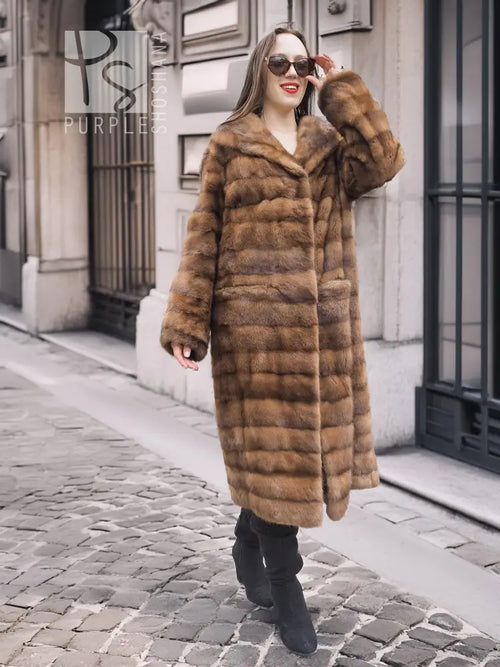 Beige pastel mink coat with shawl collar, horizontal stripe pattern, front view