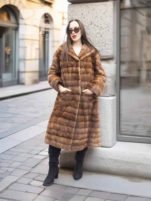 Beige pastel mink coat with shawl collar, horizontal stripes, long sleeves, mid-calf length