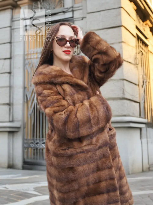 Beige pastel mink coat with wide shawl collar, horizontal stripes, full-length design
