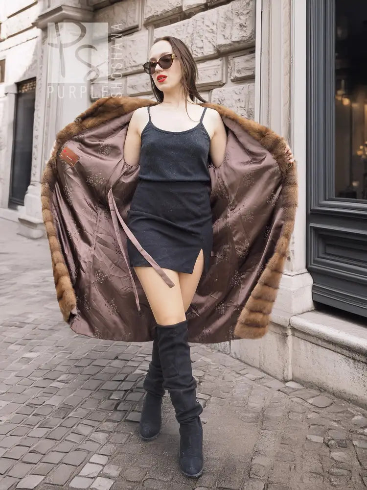 Beige pastel mink coat with shawl collar, horizontal stripes, open robe-style front