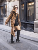 Beige pastel mink coat with shawl collar, horizontal stripes, worn over dark boots