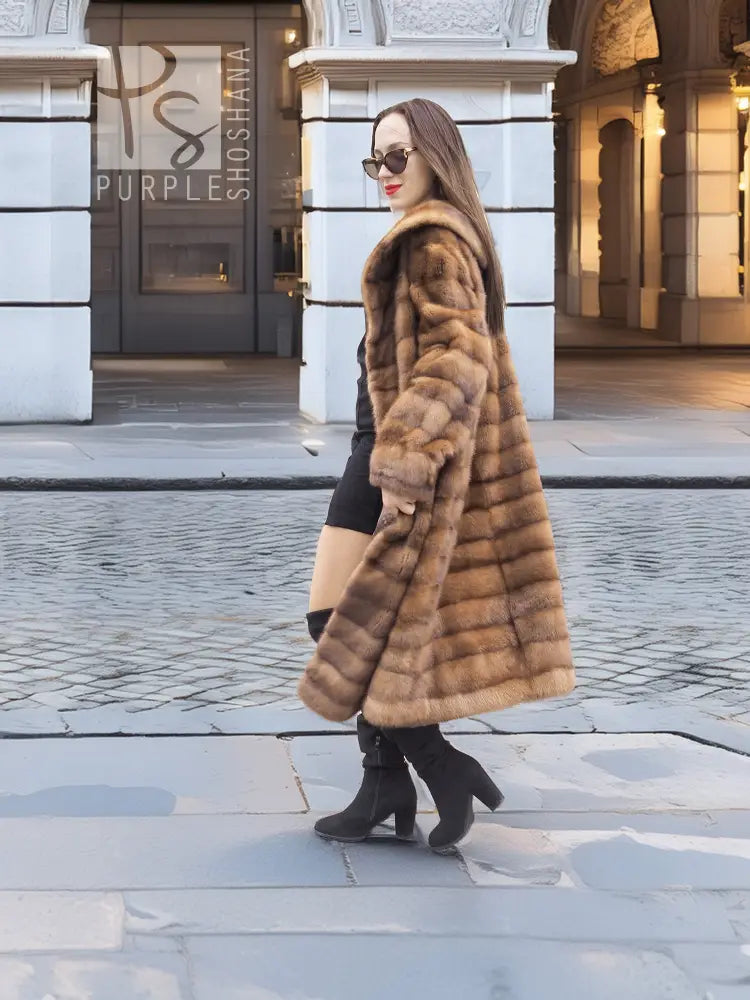 Beige pastel mink coat with shawl collar and horizontal stripes, side view