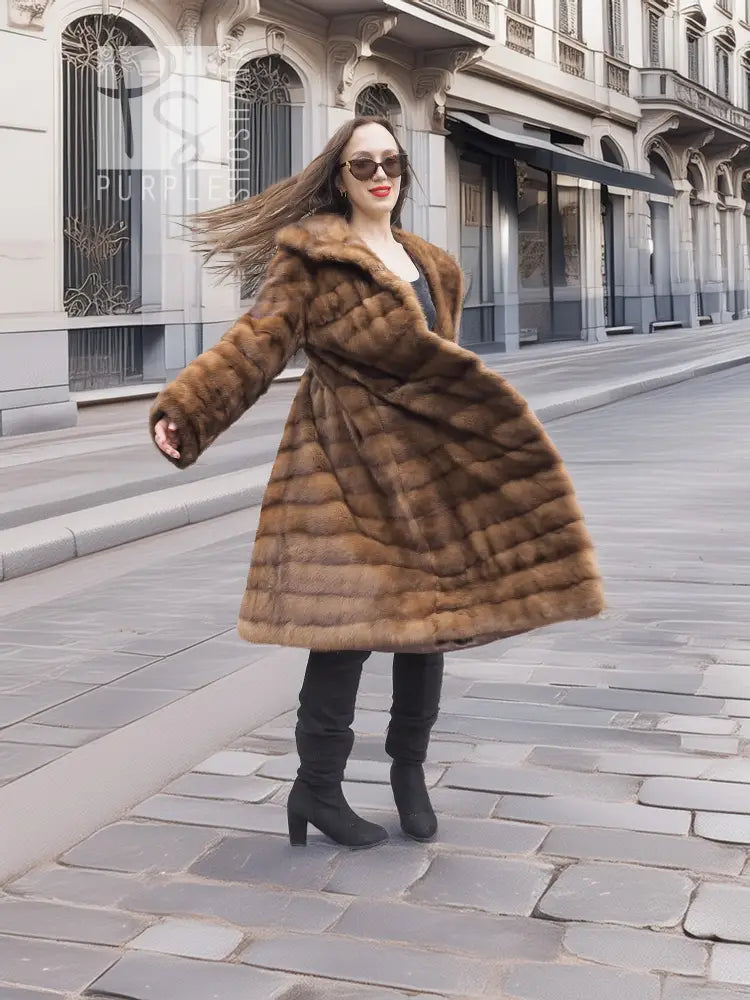 Beige pastel mink coat with shawl collar, horizontal stripes, full length front view