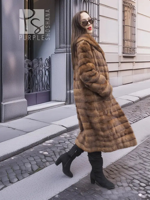 Beige mink fur coat with shawl collar, horizontal panels, side profile