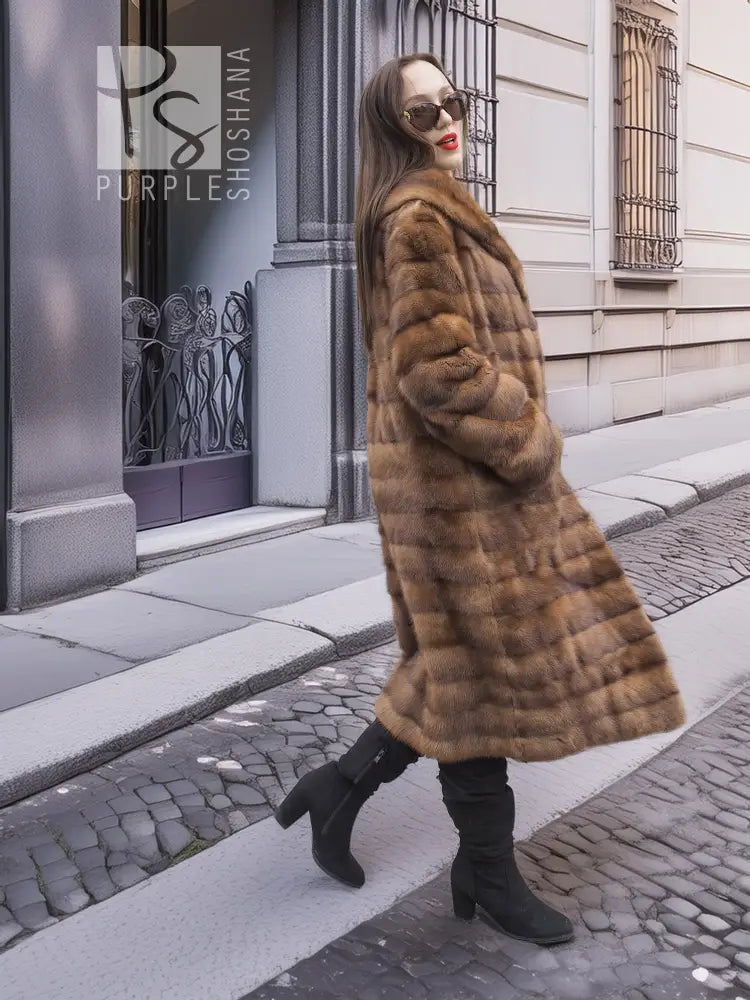 Beige mink fur coat with shawl collar, horizontal panels, side profile