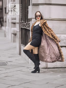 Beige pastel mink coat with shawl collar, horizontal stripes, long sleeves, mid-calf length