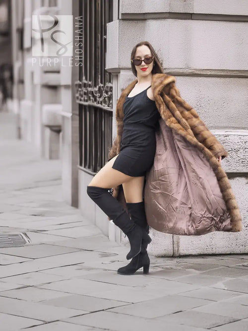 Beige pastel mink coat with shawl collar, horizontal stripes, long sleeves, mid-calf length