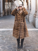 Beige pastel mink coat with shawl collar and horizontal stripe pattern, front view
