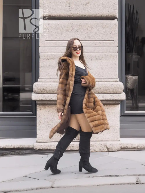 Beige pastel mink coat with shawl collar, horizontal stripes, long sleeves, straight hem
