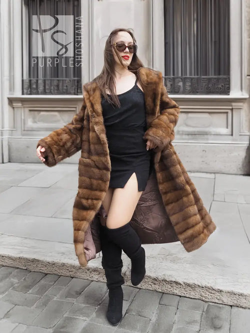 Beige pastel mink coat with shawl collar, horizontal stripe pattern, long sleeves, front open