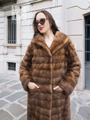 Beige pastel mink coat with shawl collar, horizontal stripes, front view