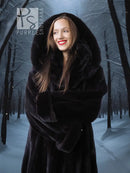 Black velvet hooded mink coat with long sleeves and plush fur texture