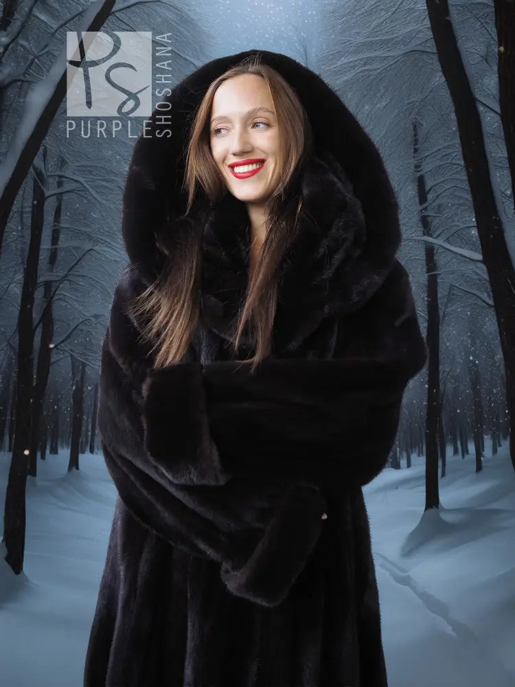 Black velvet hooded mink coat with long sleeves and plush fur texture