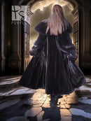 Black hooded long mink coat with silk lining; rear view shows hood and flared skirt.