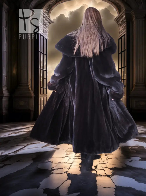 Black hooded long mink coat with silk lining; rear view shows hood and flared skirt.