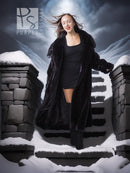 Black hooded long mink coat with silk lining; front view with draped lapels.