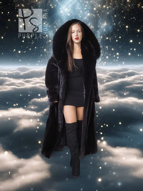 Black hooded long mink coat with silk lining and plush velvet-soft texture, open front.