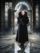 Black hooded long mink coat with silk lining, full-length silhouette with open front.