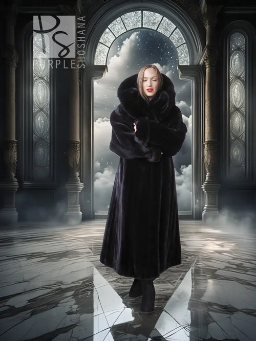 Black hooded long mink coat with silk lining, full-length silhouette with open front.