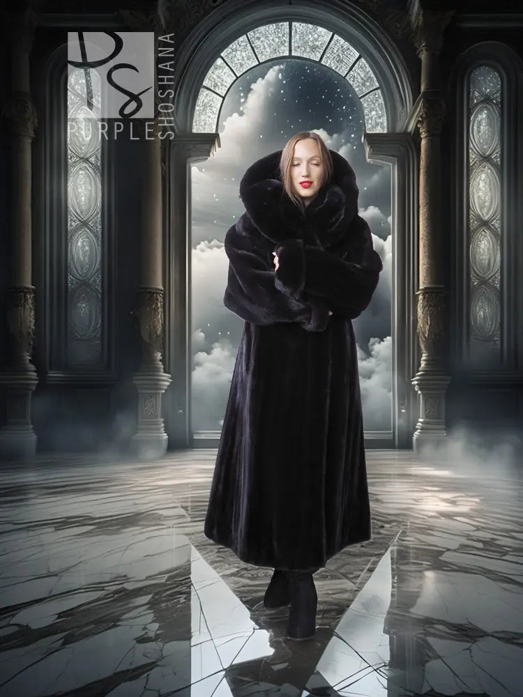 Black hooded long mink coat with silk lining, full-length silhouette with open front.