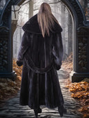 Long black hooded mink coat with back pleat and flared hem