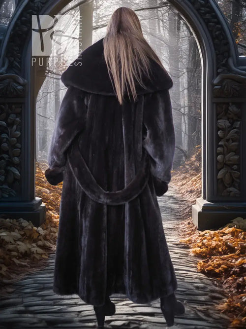 Long black hooded mink coat with back pleat and flared hem