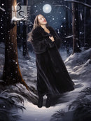 Long hooded dark mink coat with full skirt and wraparound front