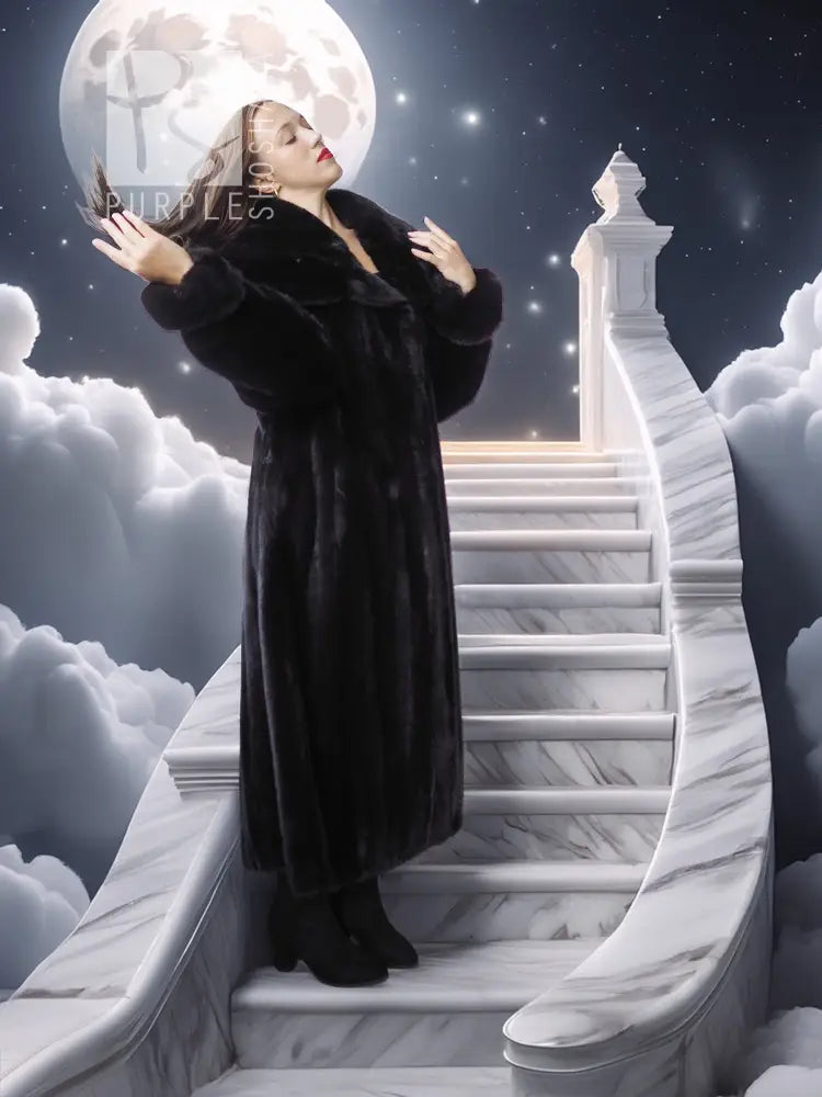 Black hooded long mink coat with silk lining; model holds hood back with both hands.