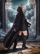 Black long hooded fur coat, open front with deep side panels and long sleeves, styled over dress