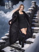 Black hooded long mink coat with silk lining; side view with open front and hooded collar.
