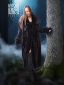 Black hooded mink coat with wide sleeves and buttoned front