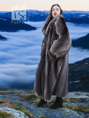 Long raccoon fur coat, dark gray, straight full length and plush sleeve texture