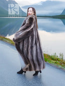 Dark gray-brown hooded raccoon fur coat, side view with textured sleeves and hem
