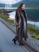 Long hooded raccoon fur coat, dark gray-brown, side view with full-length sleeves