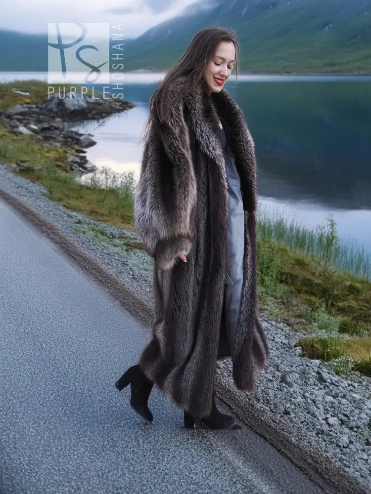 Long hooded raccoon fur coat, dark gray-brown, side view with full-length sleeves