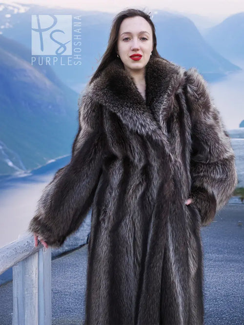 Raccoon fur long coat with wide collar and hood, textured dark gray-brown finish