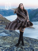 Dark gray-brown raccoon fur coat with hood and belt, full swing hem and sleeves
