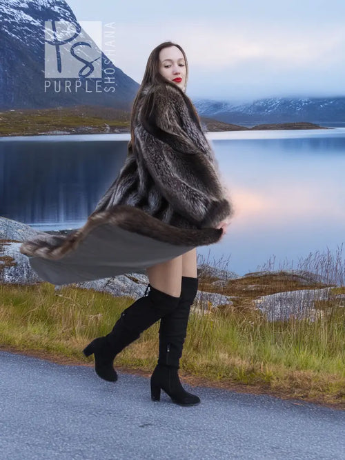 Raccoon fur coat with wrap shawl collar, side view, long dark textured fur