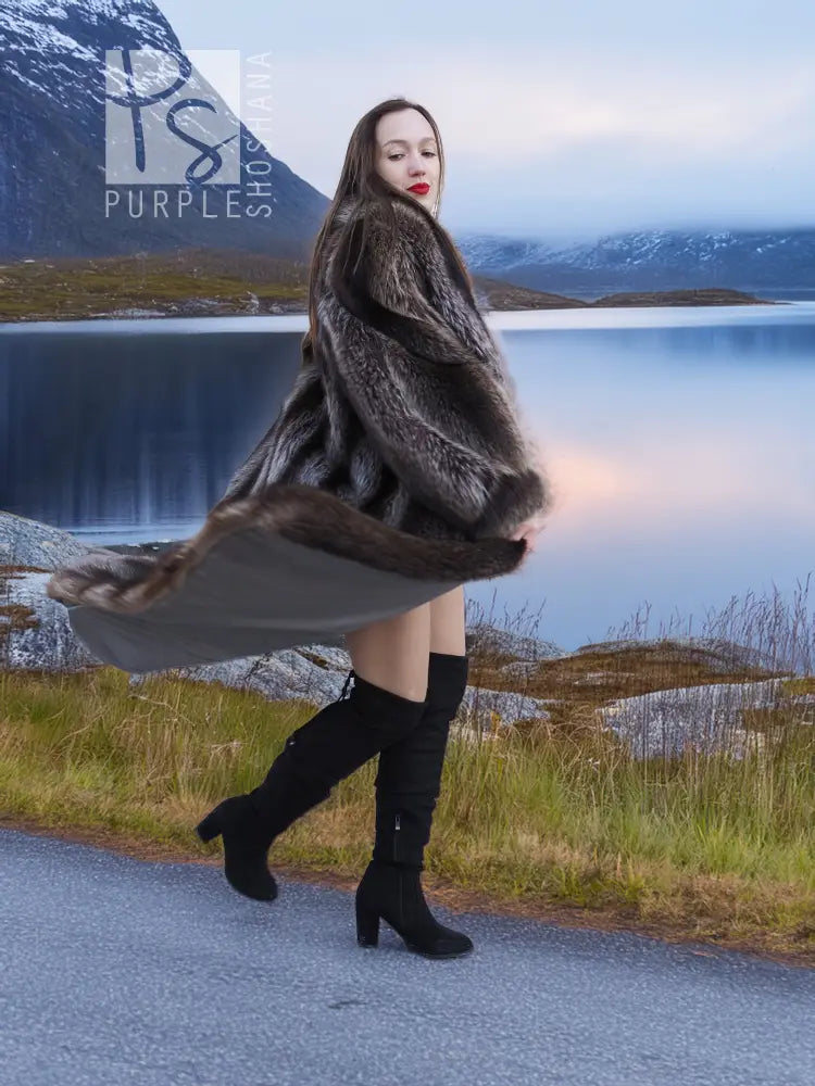 Raccoon fur coat with wrap shawl collar, side view, long dark textured fur