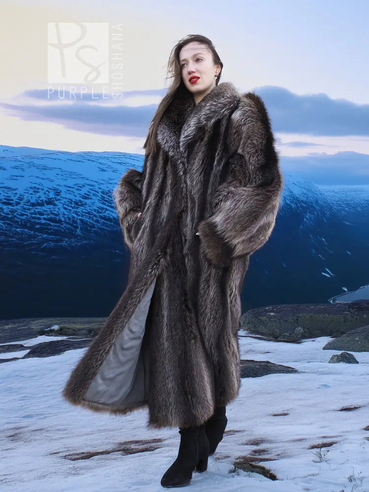 Long raccoon fur coat, dark gray, full-length with voluminous sleeves and structured collar