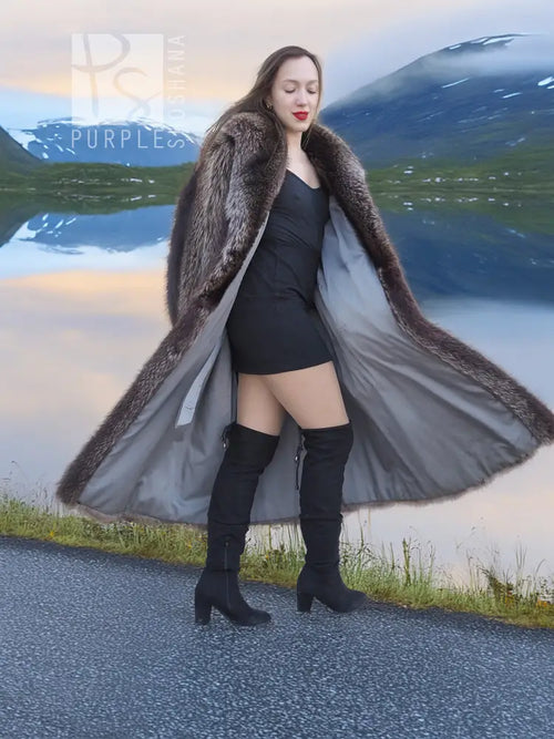 Raccoon fur coat with wide sleeves and open front, long draped silhouette