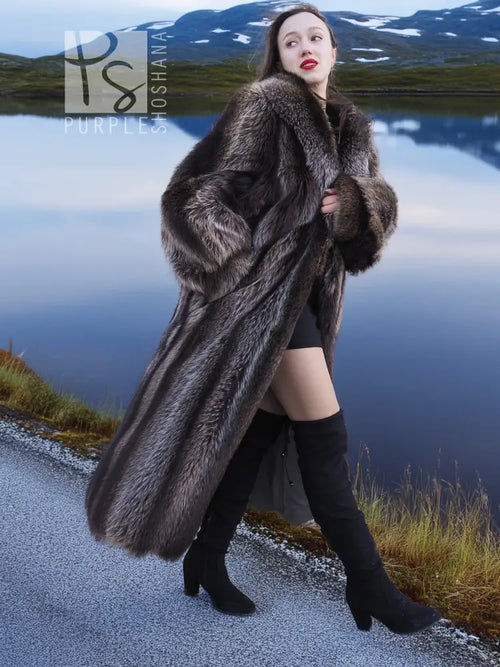 Raccoon fur coat, long textured dark fur with fitted sleeves and shawl collar